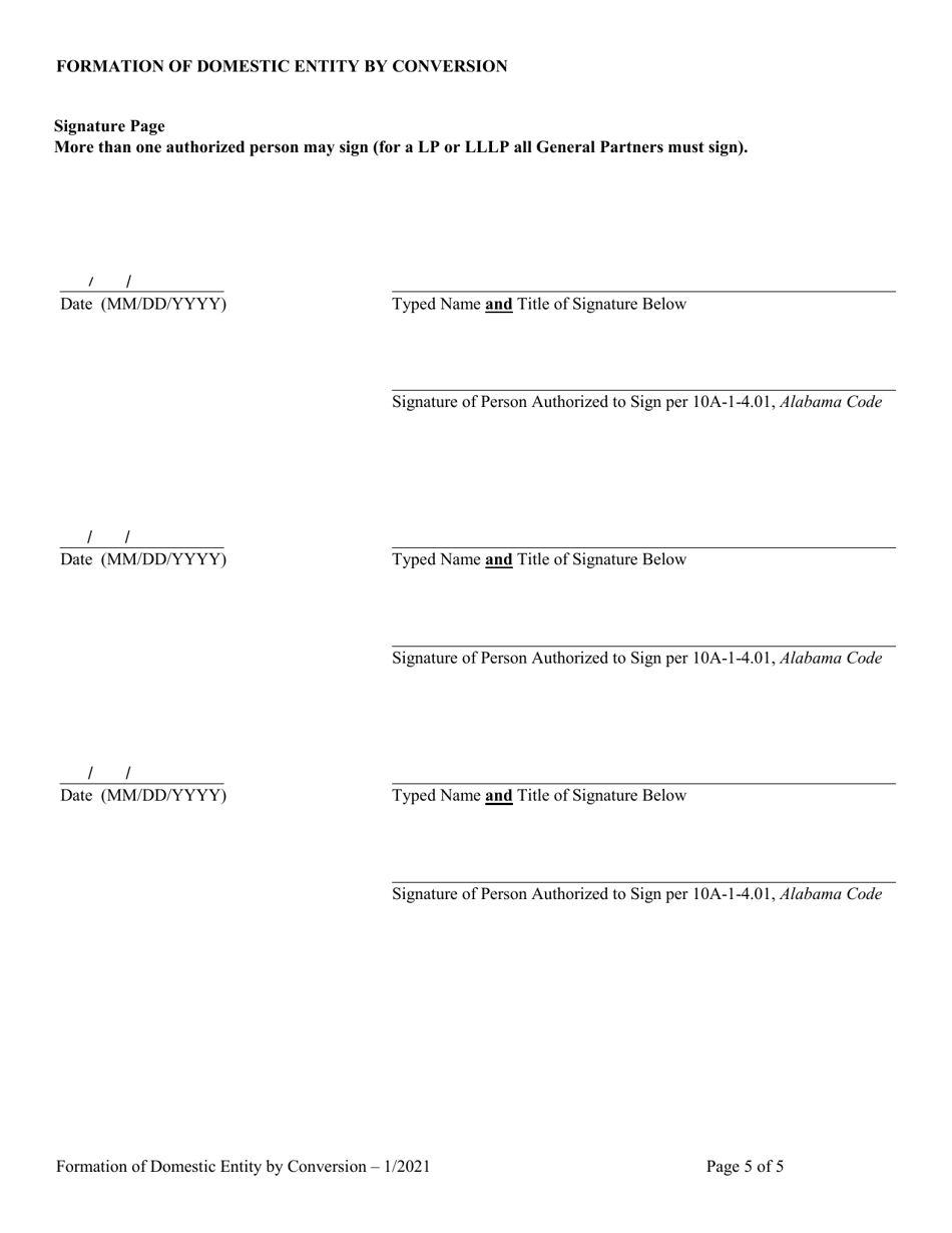 Statement of Conversion Foreign or Non-registered Alabama Entity to Registered Domestic Entity (Formation of Domestic Entity by Conversion) - Alabama, Page 5