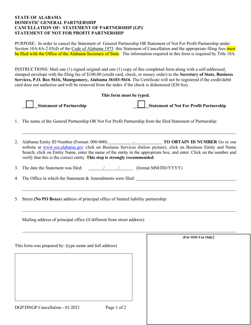 Domestic General Partnership Cancellation of: Statement of Partnership (Gp) / Statement of Not for Profit Partnership - Alabama, Page 1