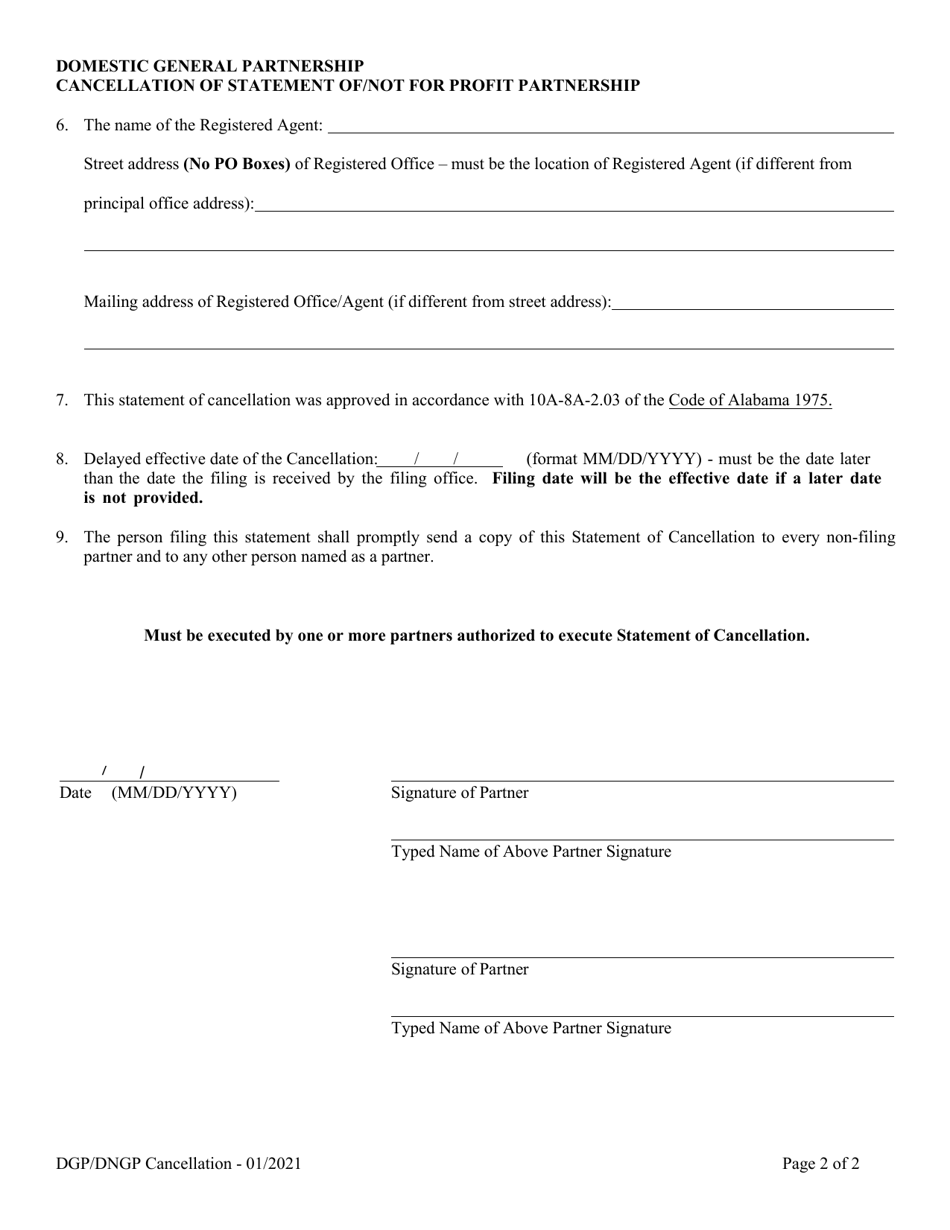 Domestic General Partnership Cancellation of: Statement of Partnership (Gp) / Statement of Not for Profit Partnership - Alabama, Page 2