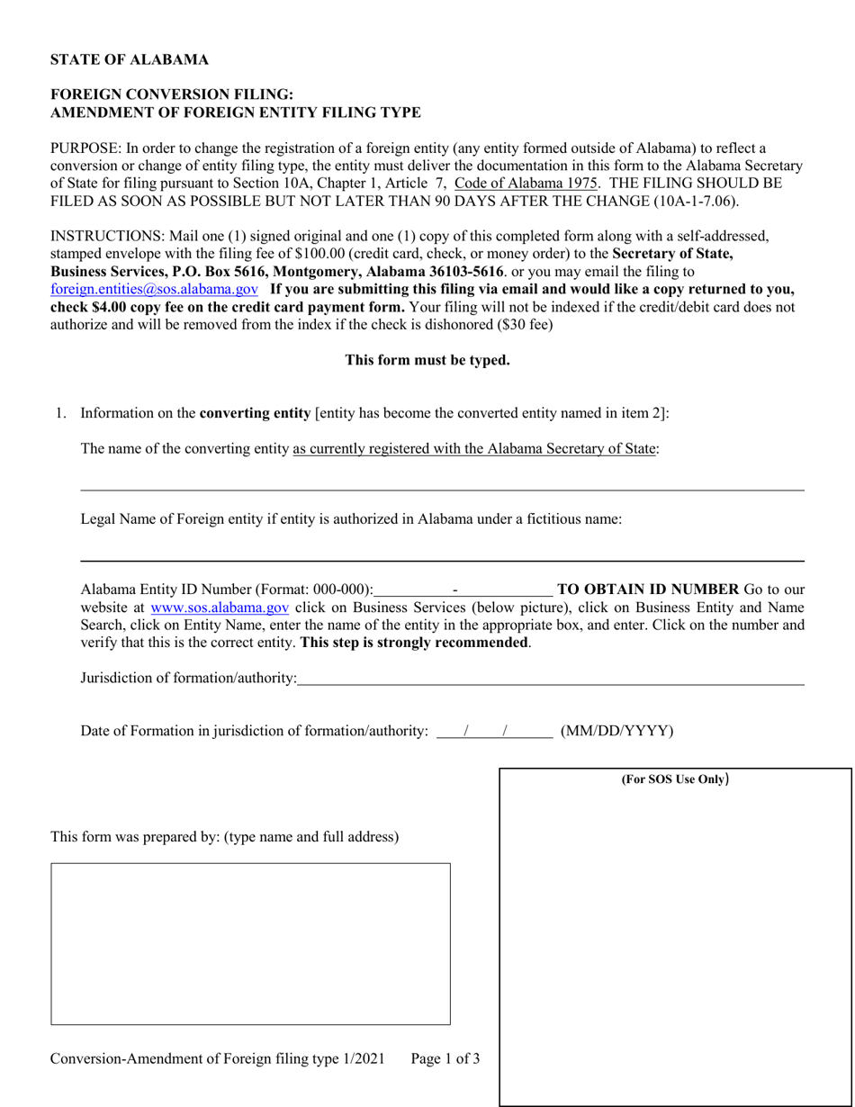Foreign Conversion Filing: Amendment of Foreign Entity Filing Type - Alabama, Page 1