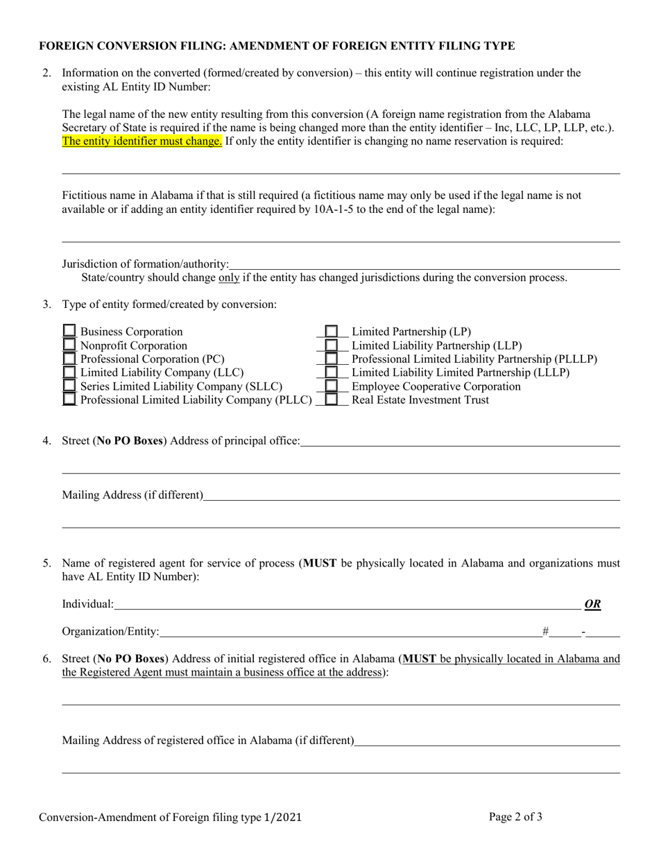 Foreign Conversion Filing: Amendment of Foreign Entity Filing Type - Alabama, Page 2