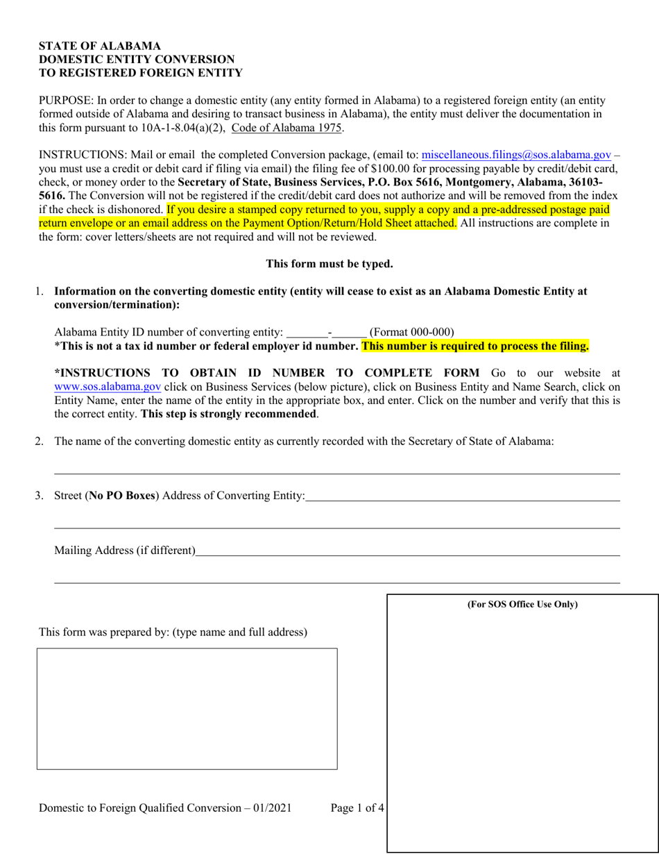 Domestic Entity Conversion to Registered Foreign Entity - Alabama, Page 1