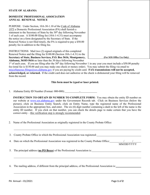Domestic Professional Association Annual Renewal Notice - Alabama Download Pdf