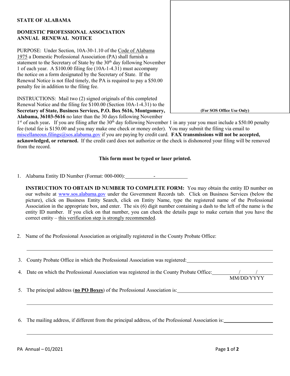Domestic Professional Association Annual Renewal Notice - Alabama, Page 1