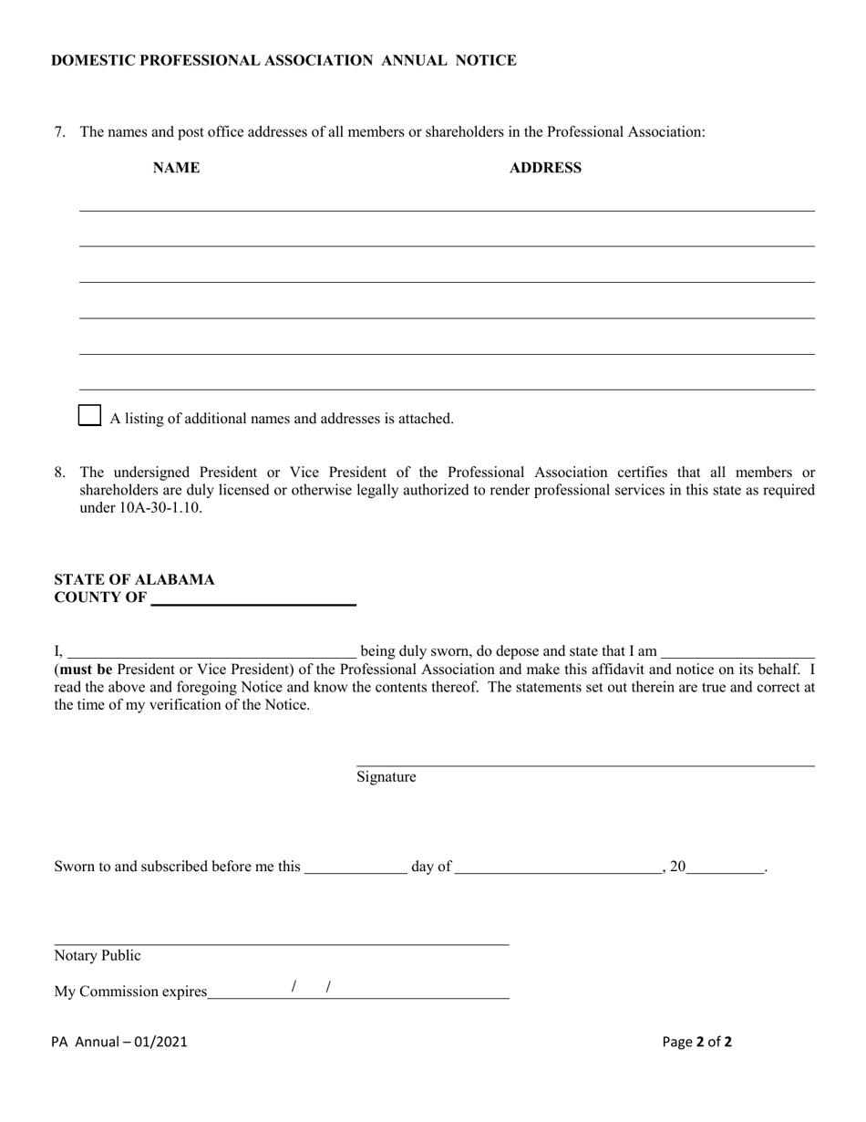 Domestic Professional Association Annual Renewal Notice - Alabama, Page 2