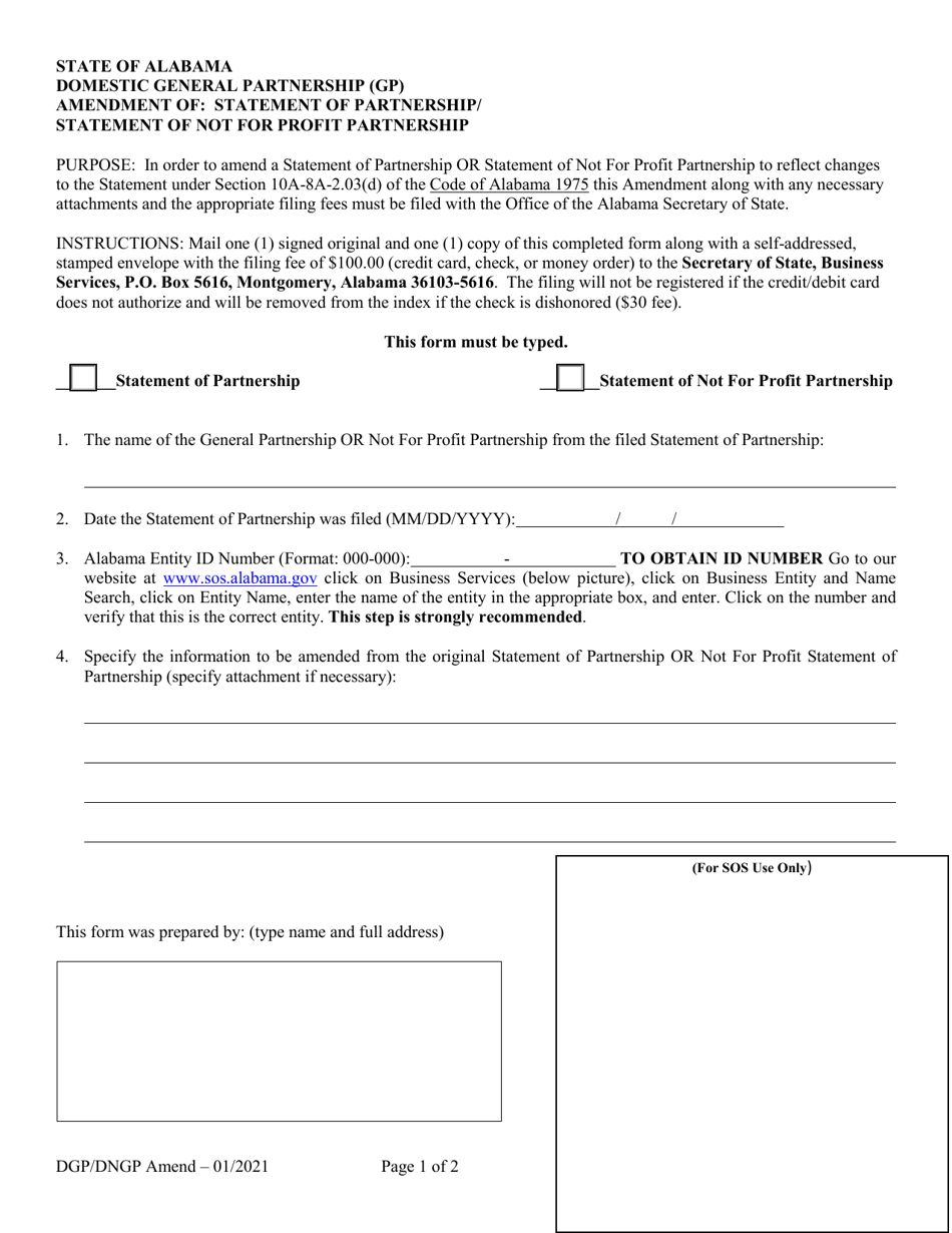 Domestic General Partnership (Gp) Amendment of: Statement of Partnership / Statement of Not for Profit Partnership - Alabama, Page 1