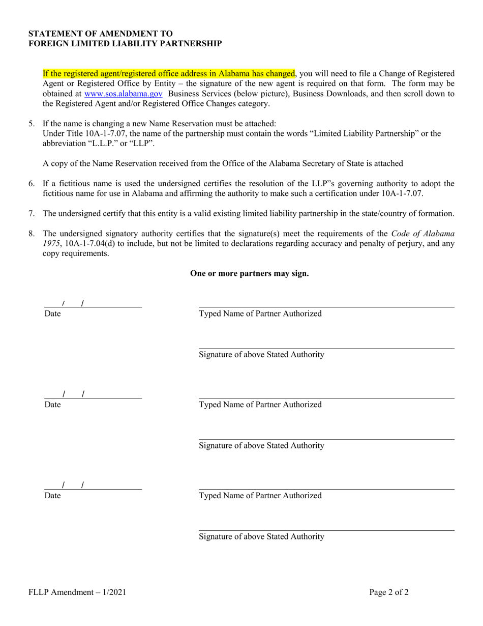 Statement of Amendment to Foreign Limited Liability Partnership (LLP ) - Alabama, Page 2