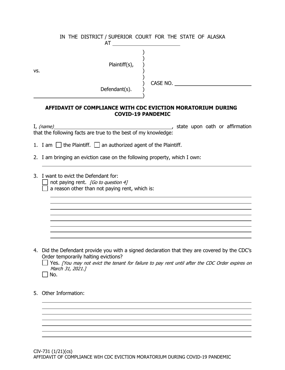 Form CIV-731 Affidavit of Compliance With Eviction Requirements During Covid-19 Pandemic - Alaska, Page 1