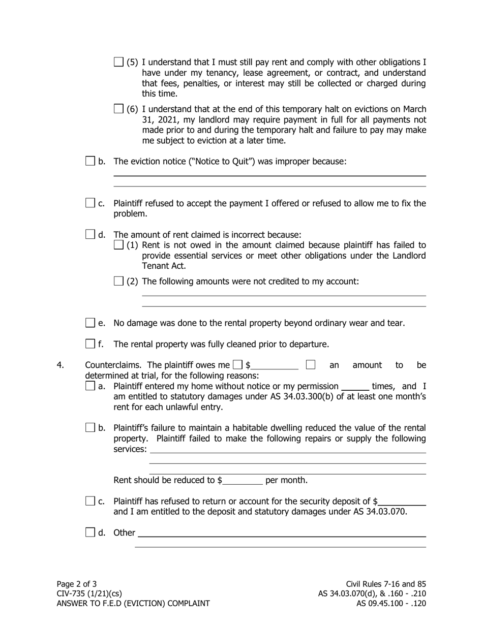 Form CIV-735 Answer to Forcible Entry and Detainer (Eviction) Complaint - Alaska, Page 2
