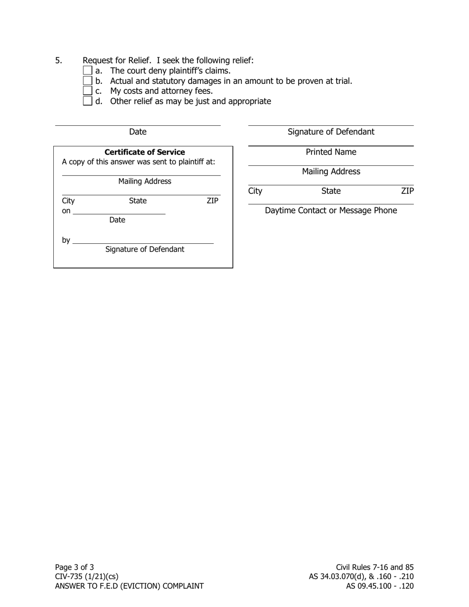 Form CIV-735 Answer to Forcible Entry and Detainer (Eviction) Complaint - Alaska, Page 3