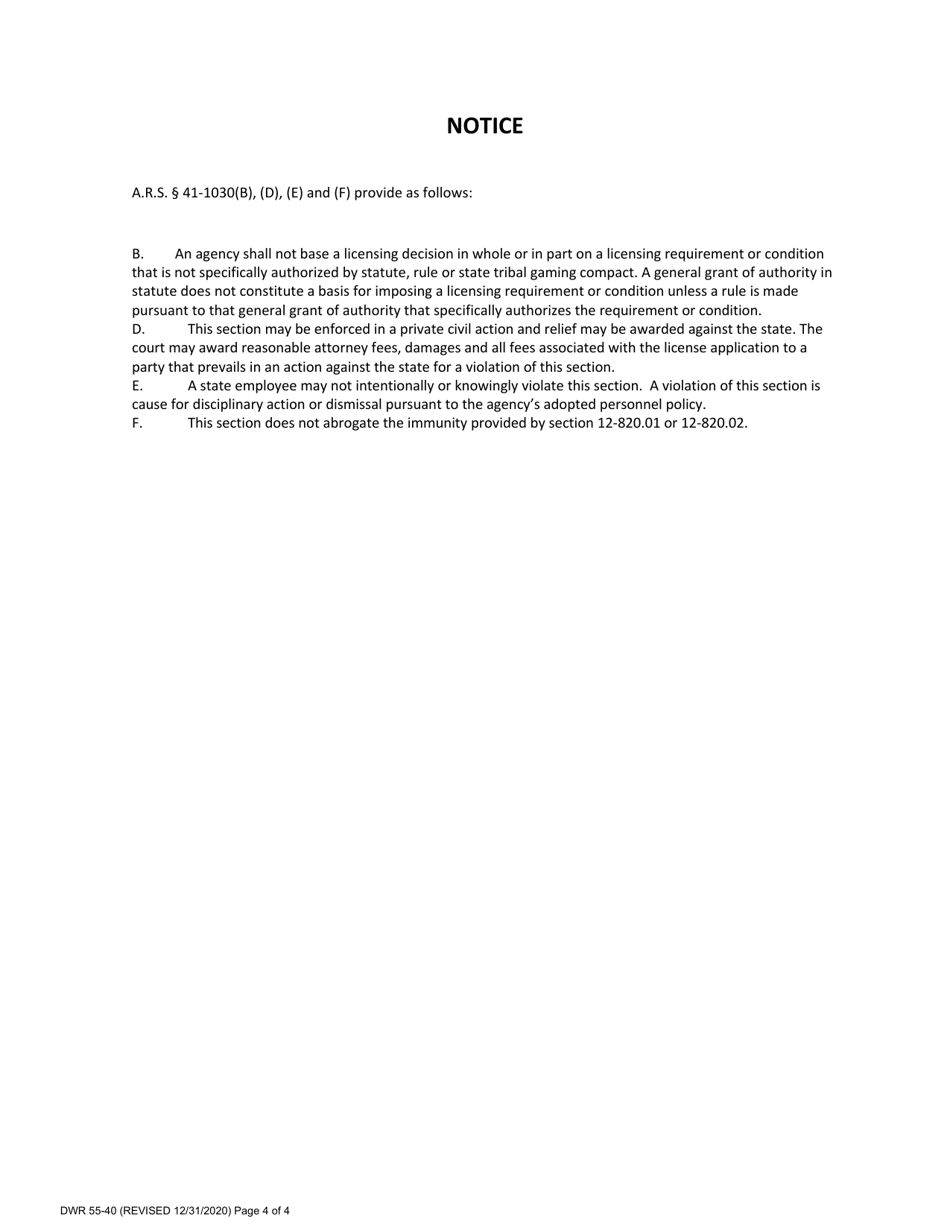 Form DWR55-40 Notice of Intent to Drill, Deepen, Replace or Modify a Well( Except a Non-exempt Well in an Active Management Area) - Arizona, Page 4