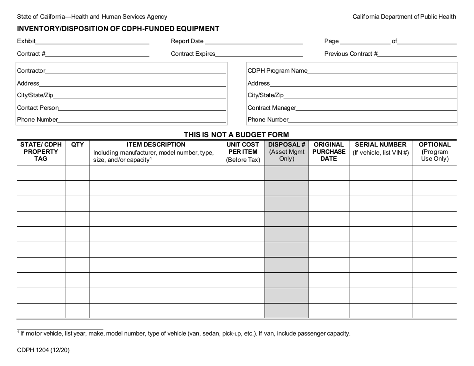 Form CDPH1204 - Fill Out, Sign Online and Download Fillable PDF ...