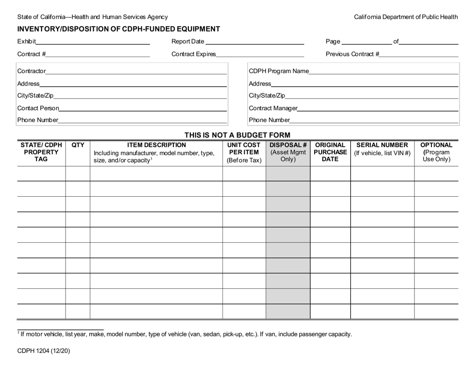 Form CDPH1204 Inventory / Disposition of Cdph-Funded Equipment - California, Page 1