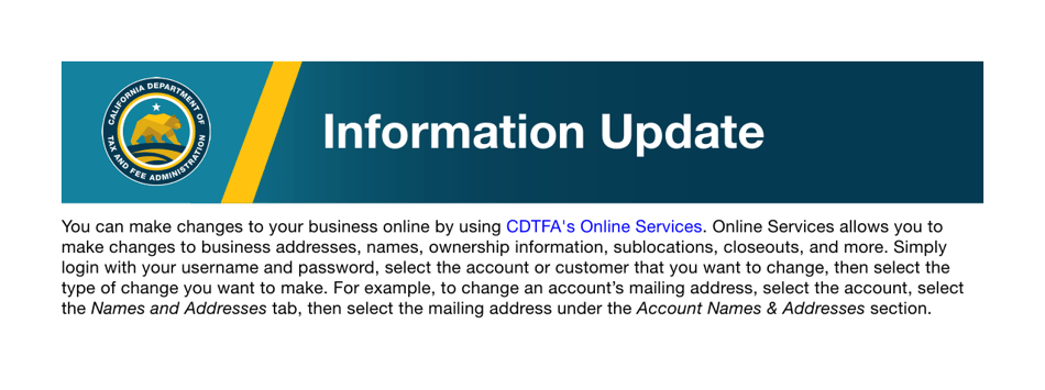 Form CDTFA-345-WEB Notice of Business Change - California, Page 1