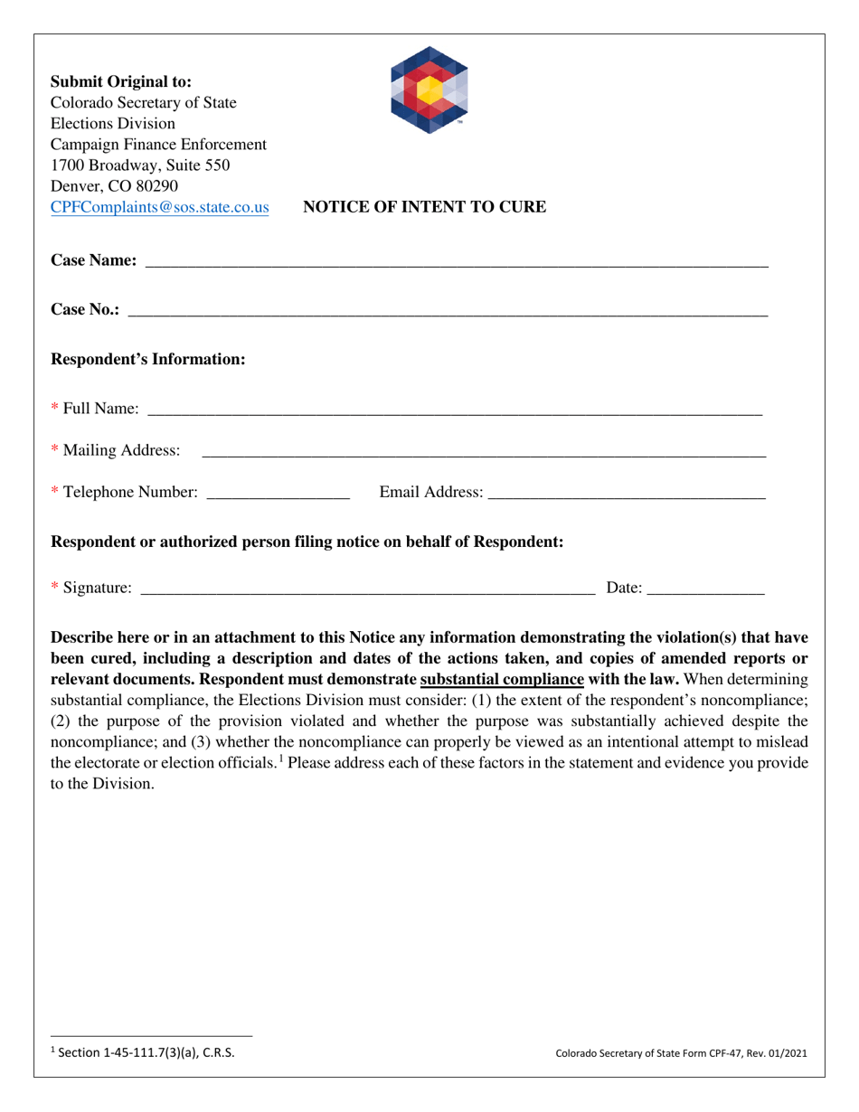 Form CPF-47 Notice of Intent to Cure - Colorado, Page 1