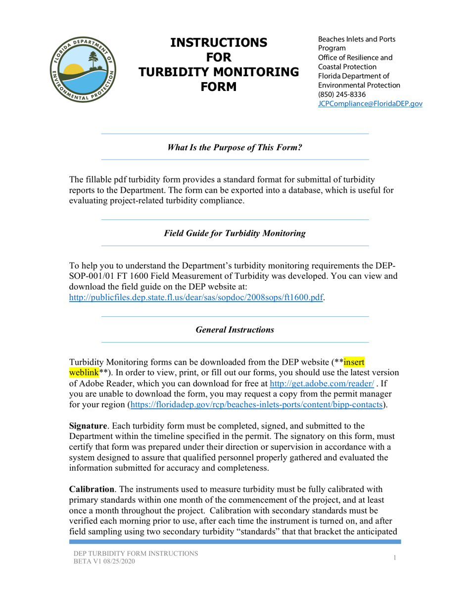 Instructions for Turbidity Monitoring Form - Florida, Page 1