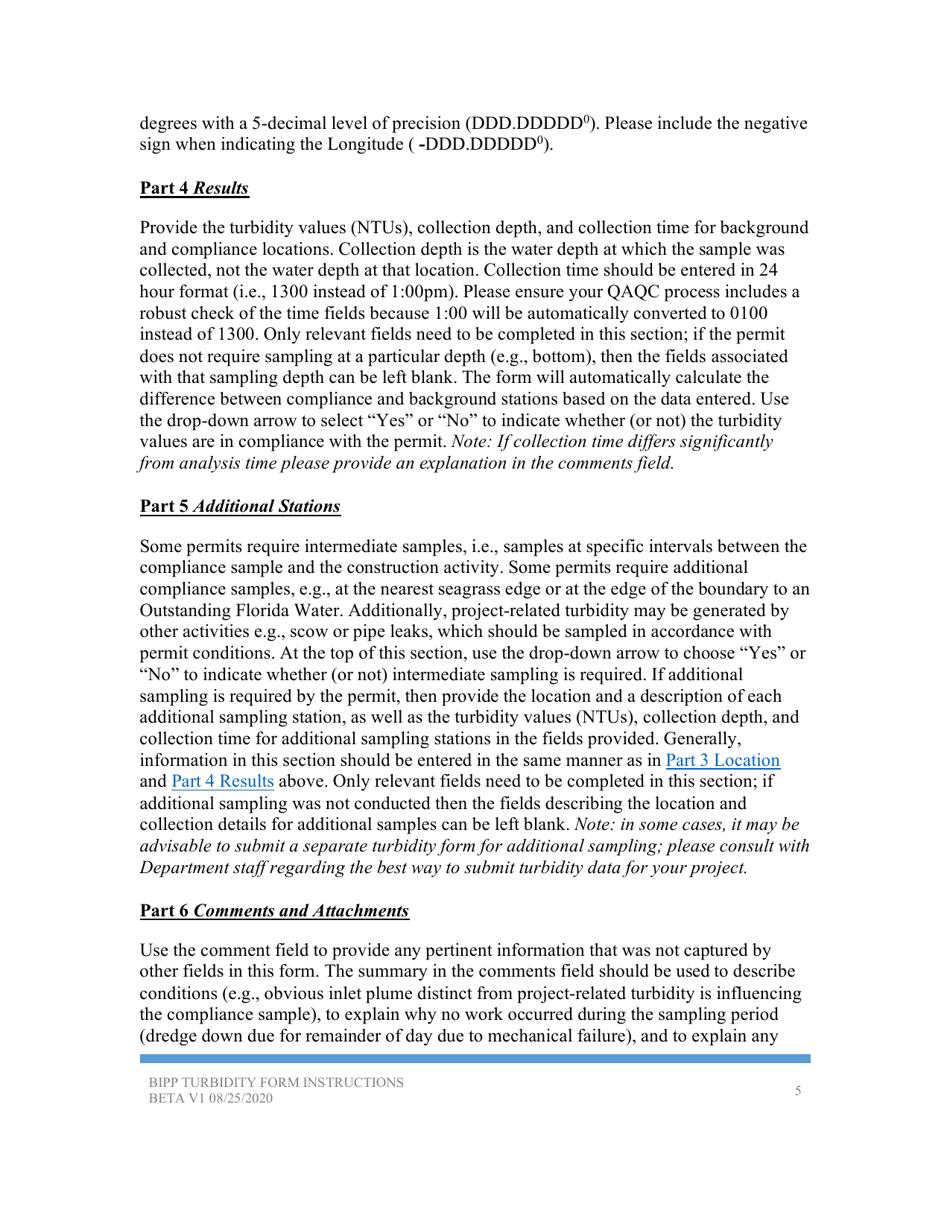 Instructions for Turbidity Monitoring Form - Florida, Page 5