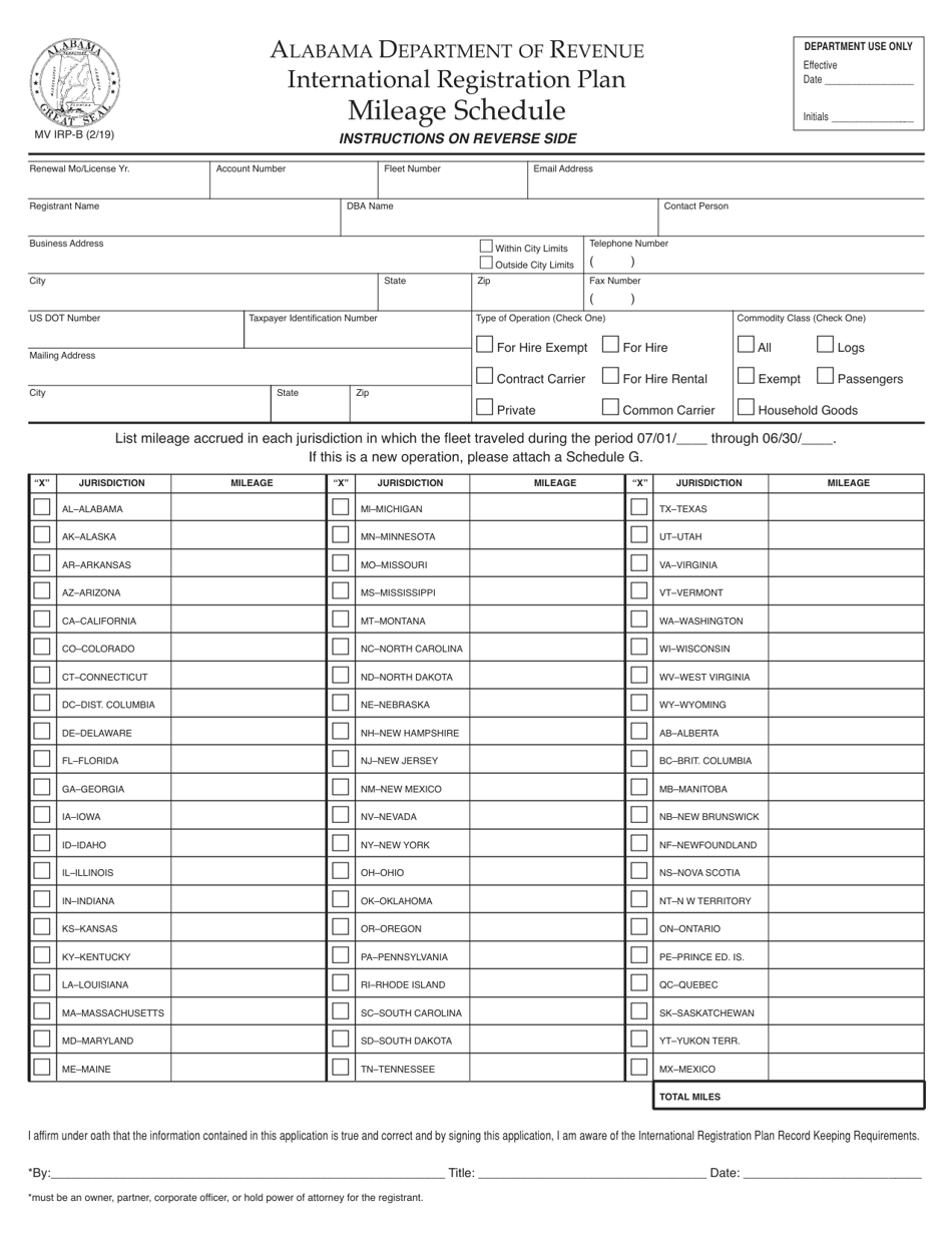 Form MV IRP-B International Registration Plan Mileage Schedule - Alabama, Page 1