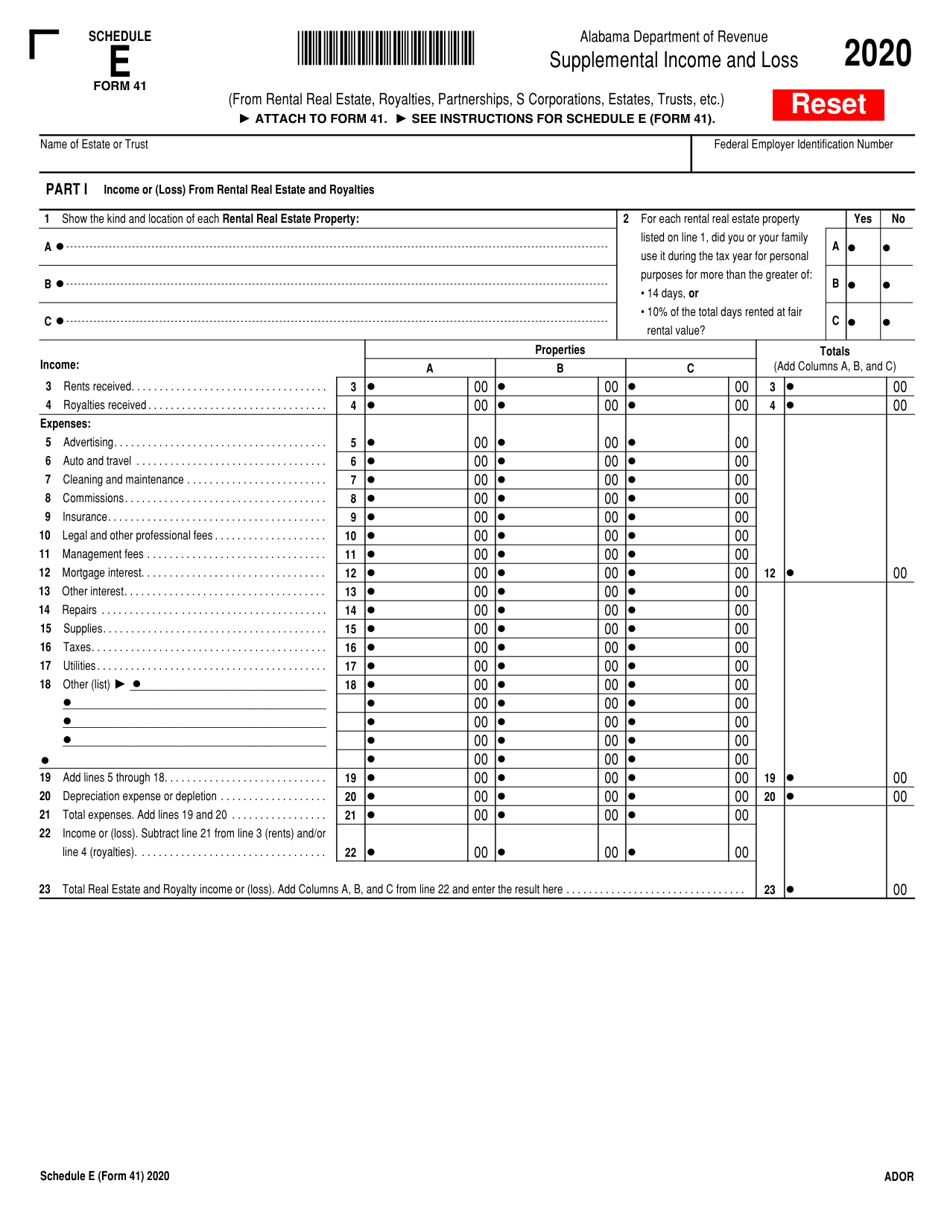 Form 41 Schedule E Supplemental Income and Loss - Alabama, Page 1