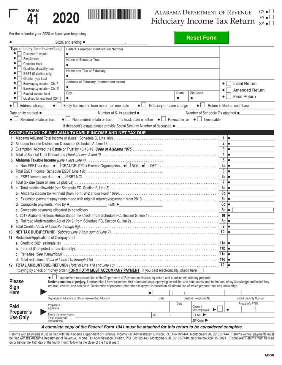 Form 41 Fiduciary Income Tax Return - Alabama, Page 1