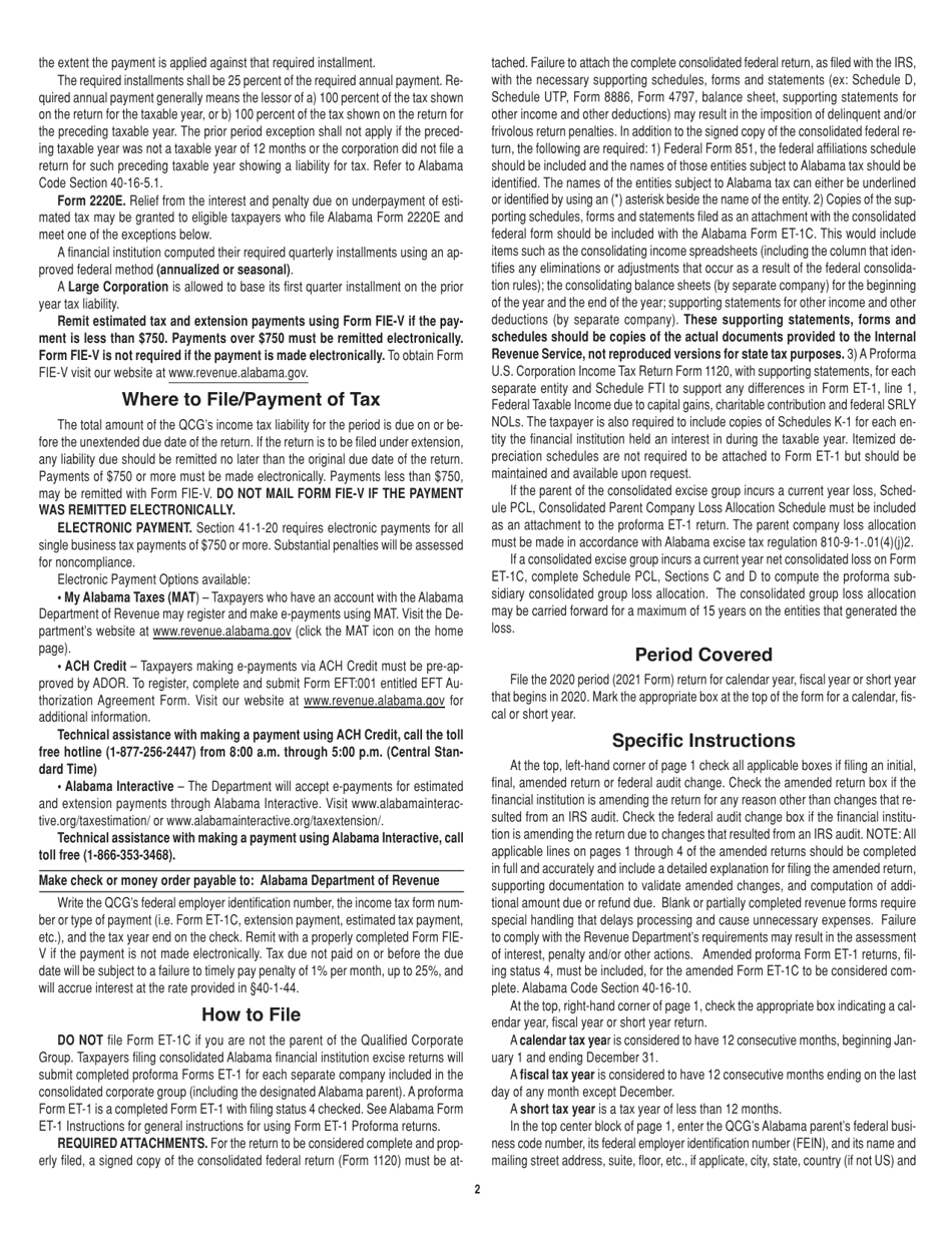 Instructions for Form ET-1C Consolidated Financial Institution Excise Tax Return - Alabama, Page 2