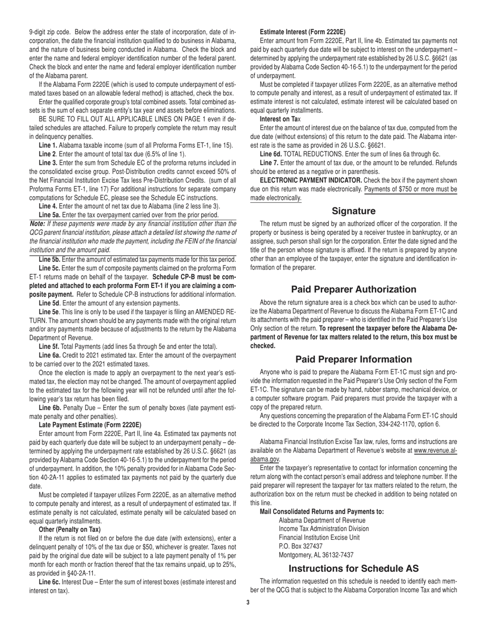 Instructions for Form ET-1C Consolidated Financial Institution Excise Tax Return - Alabama, Page 3