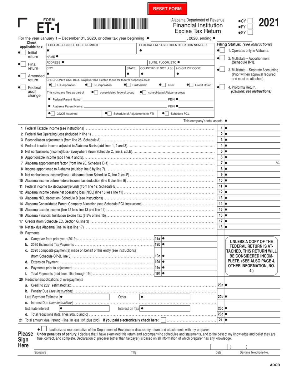 Form ET1 Download Fillable PDF or Fill Online Alabama Financial