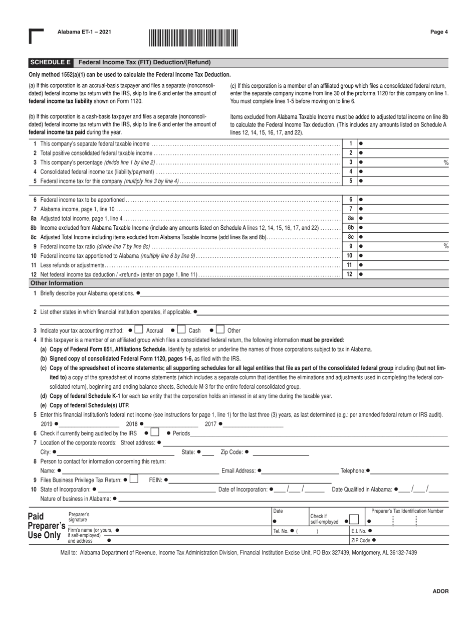 Form ET-1 Alabama Financial Institution Excise Tax Return - Alabama, Page 4
