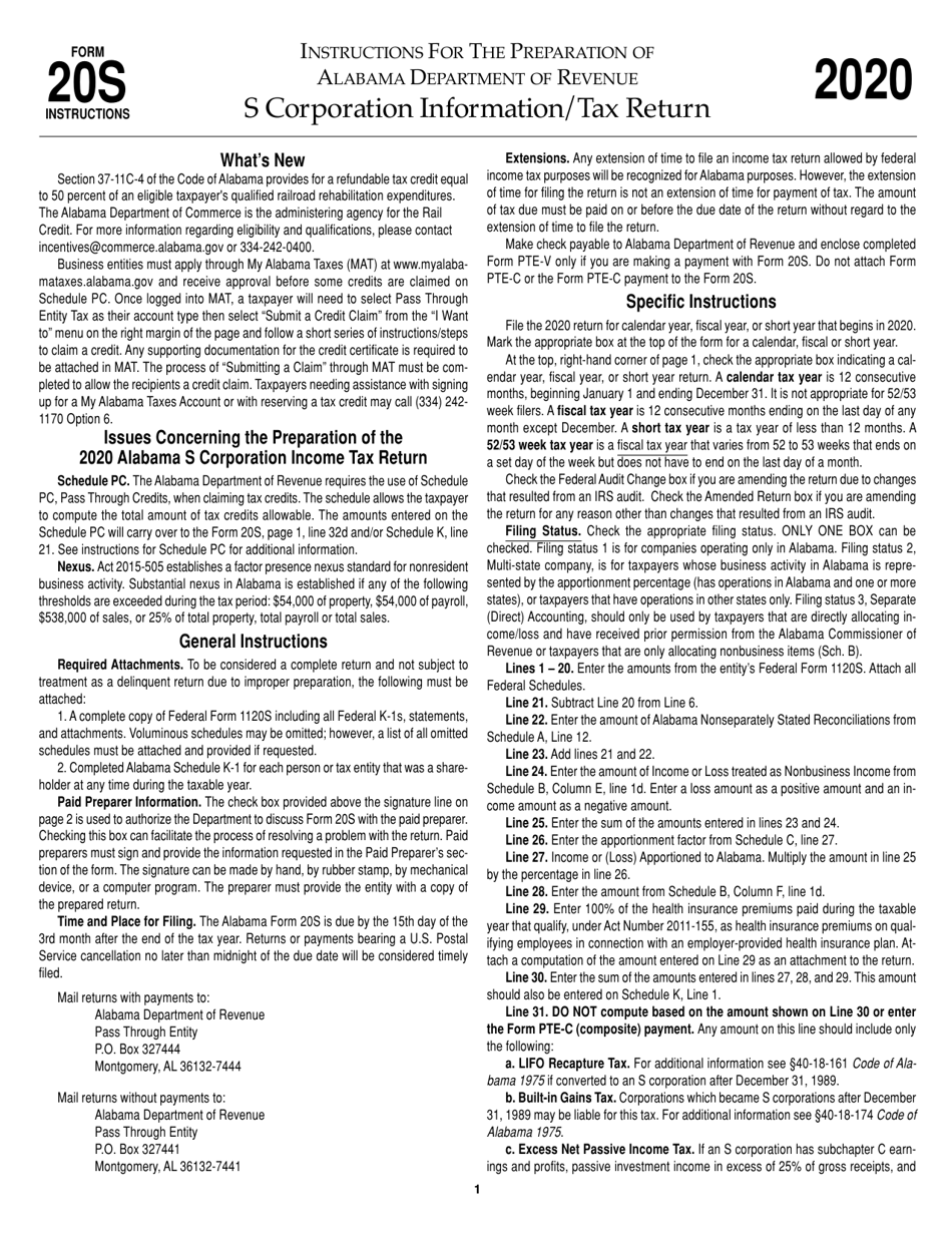 Instructions for Form 20S S Corporation Information / Tax Return - Alabama, Page 1