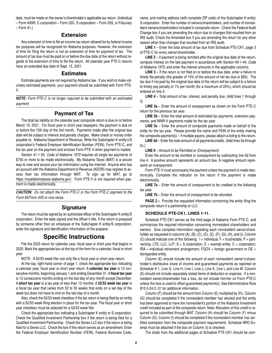 Instructions for Form PTE-C Schedule PTE-CK1 Nonresident Composite Payment Return - Alabama, Page 2