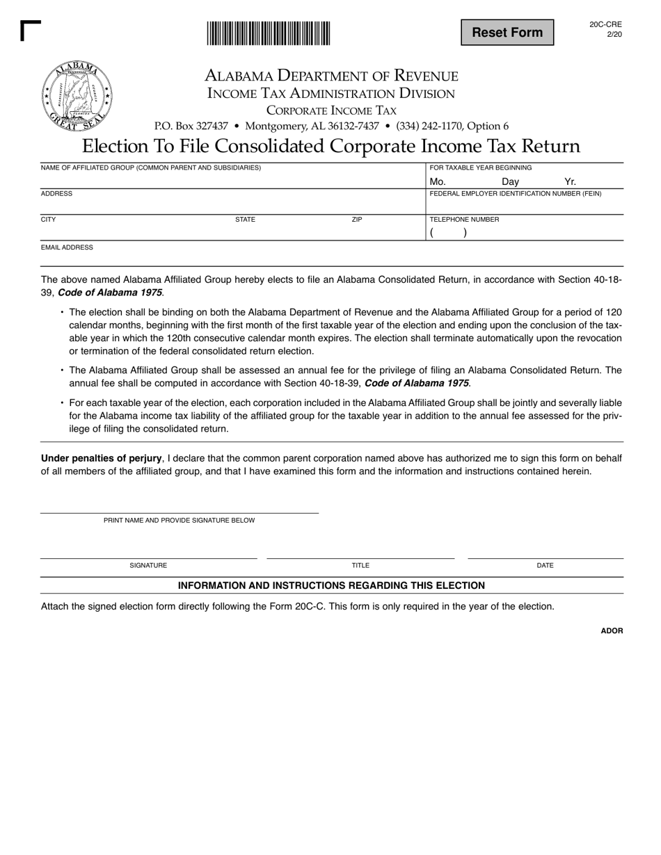 Form 20C-CRE Election to File Consolidated Corporate Income Tax Return - Alabama, Page 1