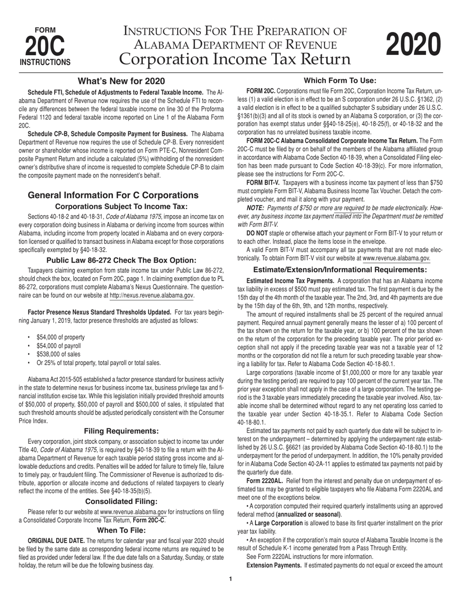 Download Instructions for Form 20C Corporation Tax Return PDF
