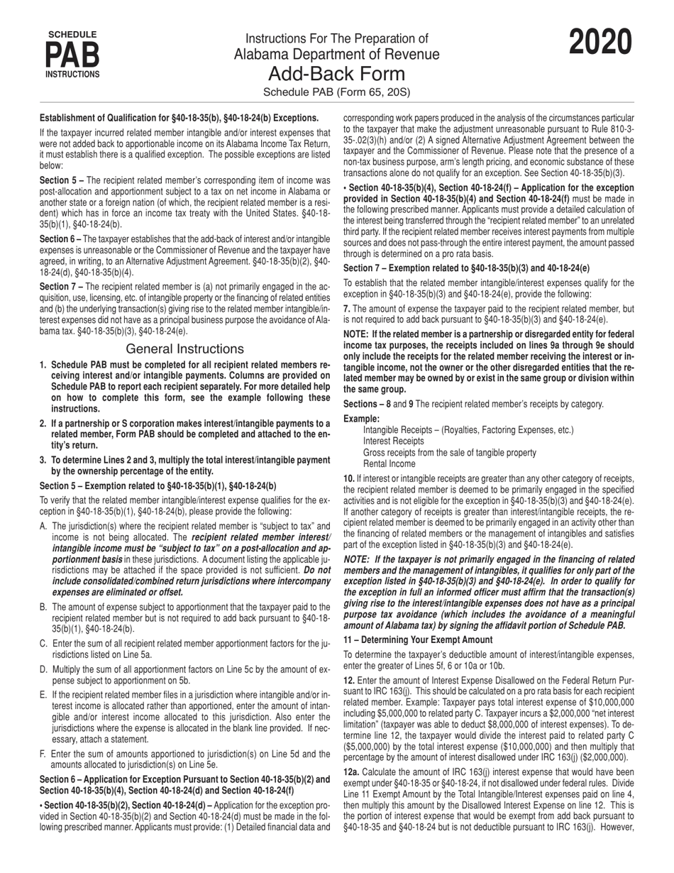 Instructions for Schedule PAB Add-Back Form - Alabama, Page 1