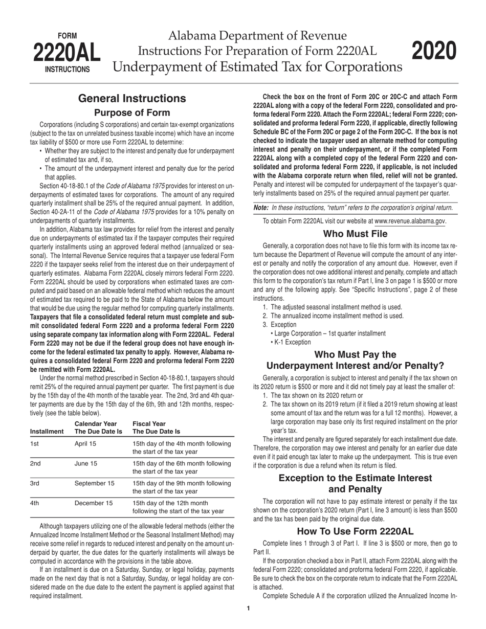 Instructions for Form 2220AL Underpayment of Estimated Tax for Corporations - Alabama, Page 1