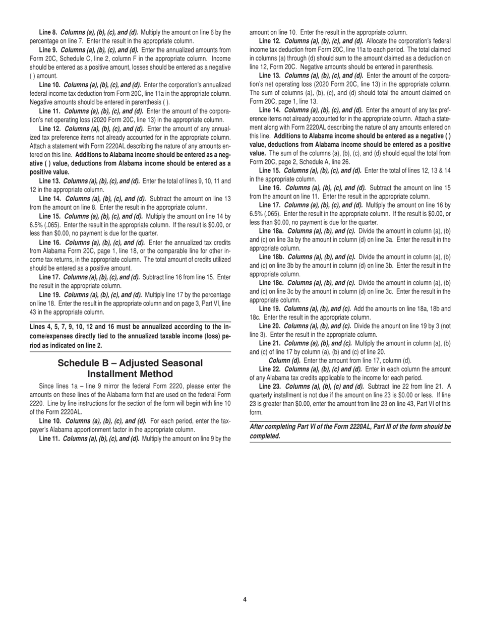 Instructions for Form 2220AL Underpayment of Estimated Tax for Corporations - Alabama, Page 4