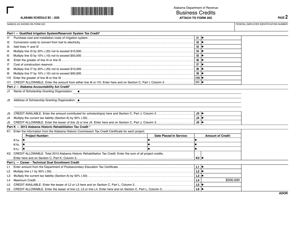 Form 20C Schedule BC Business Credits - Alabama, Page 2