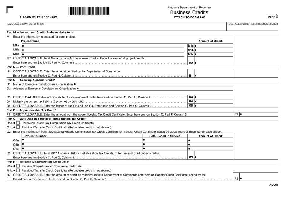 Form 20C Schedule BC Business Credits - Alabama, Page 3