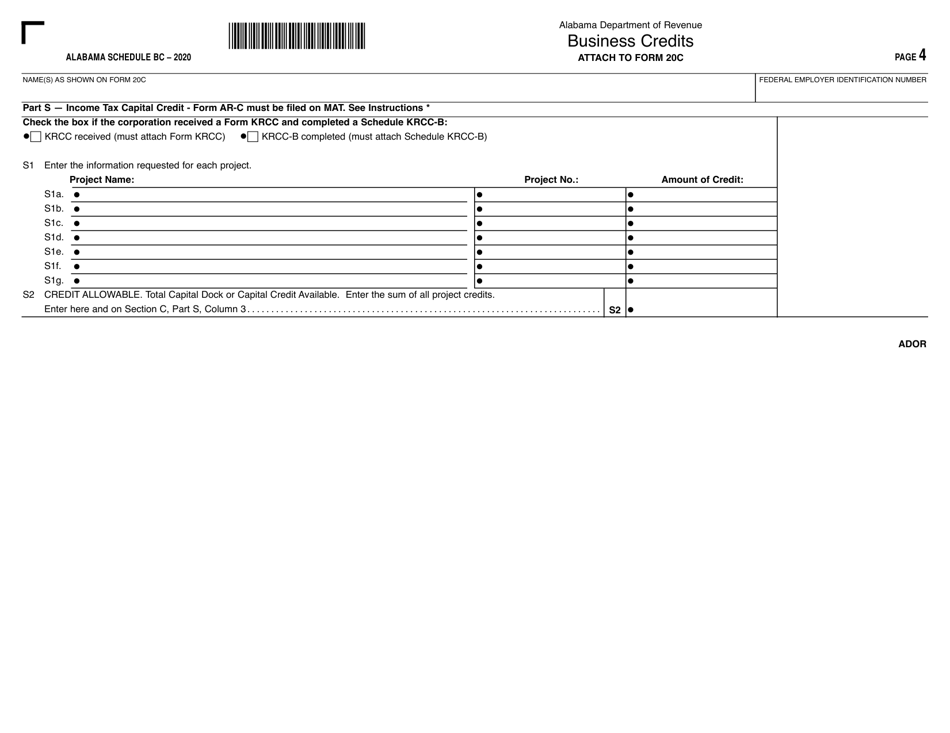 Form 20C Schedule BC Business Credits - Alabama, Page 4