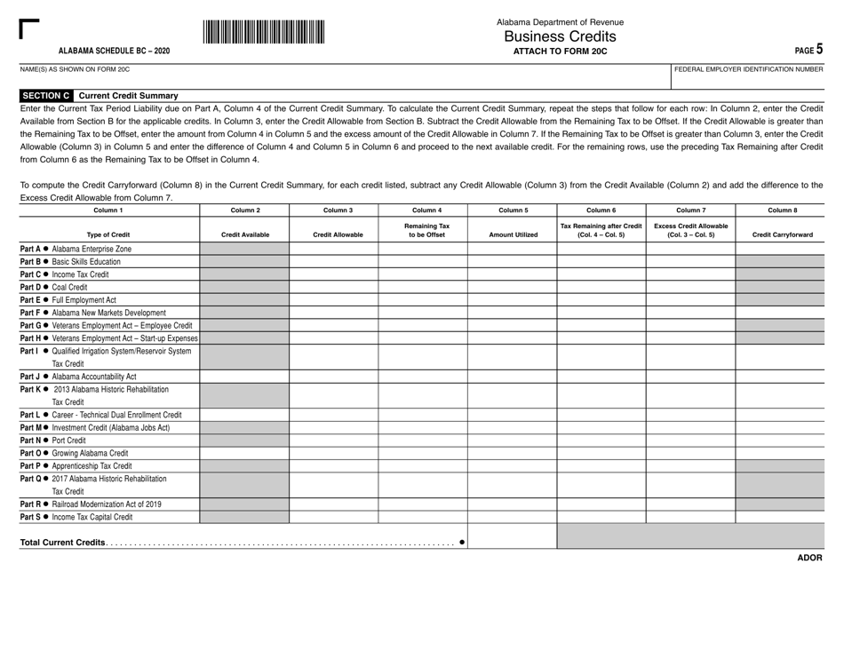 Form 20C Schedule BC Business Credits - Alabama, Page 5