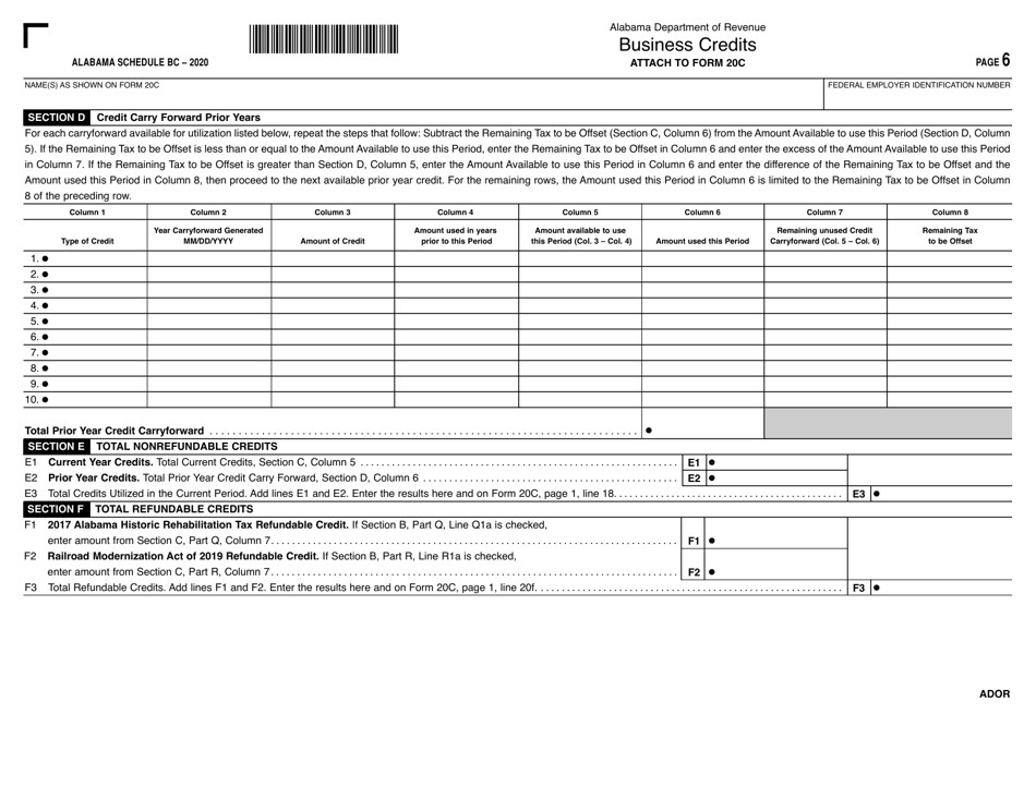 Form 20C Schedule BC Business Credits - Alabama, Page 6