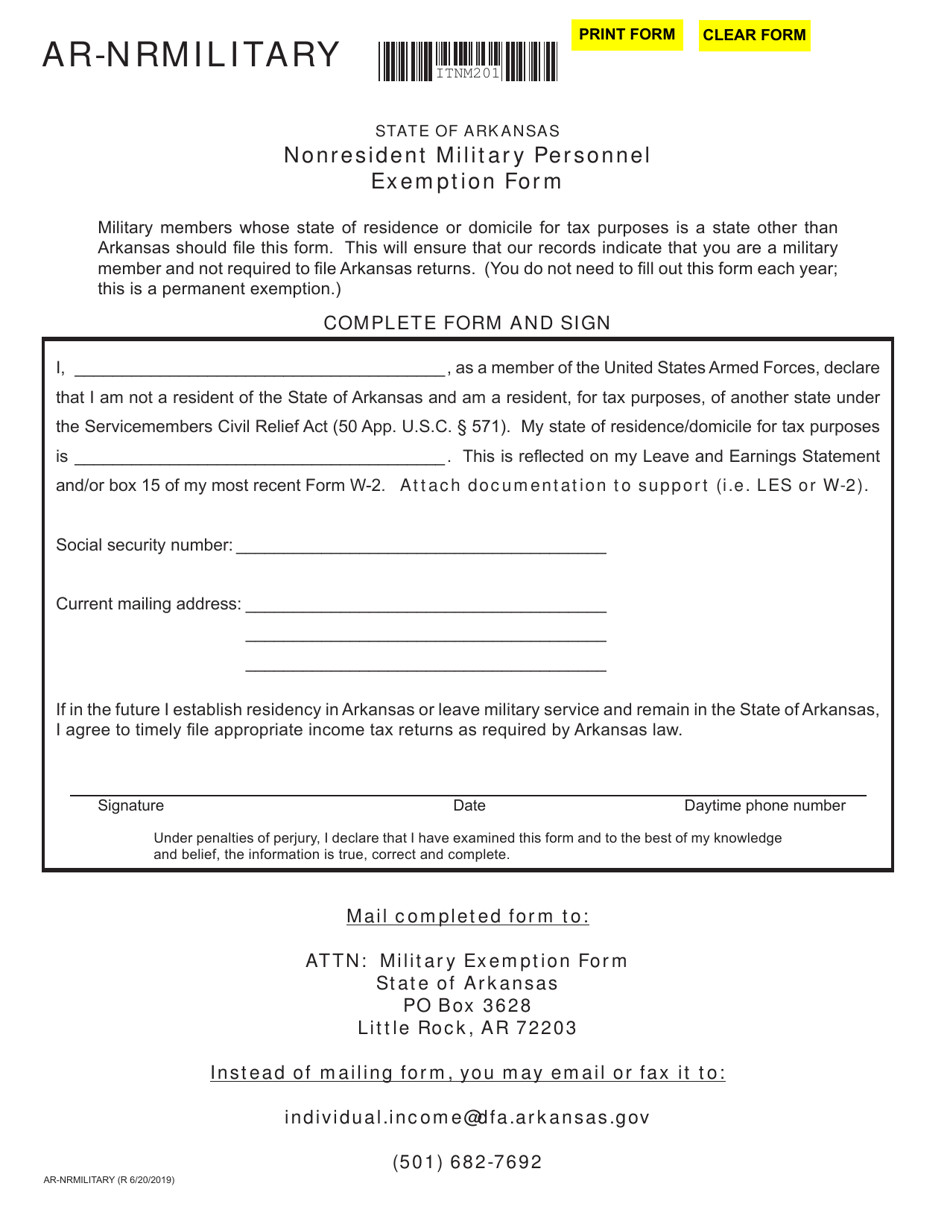 Form AR-NRMILITARY Non-resident Military Personnel Exemption Form - Arkansas, Page 1