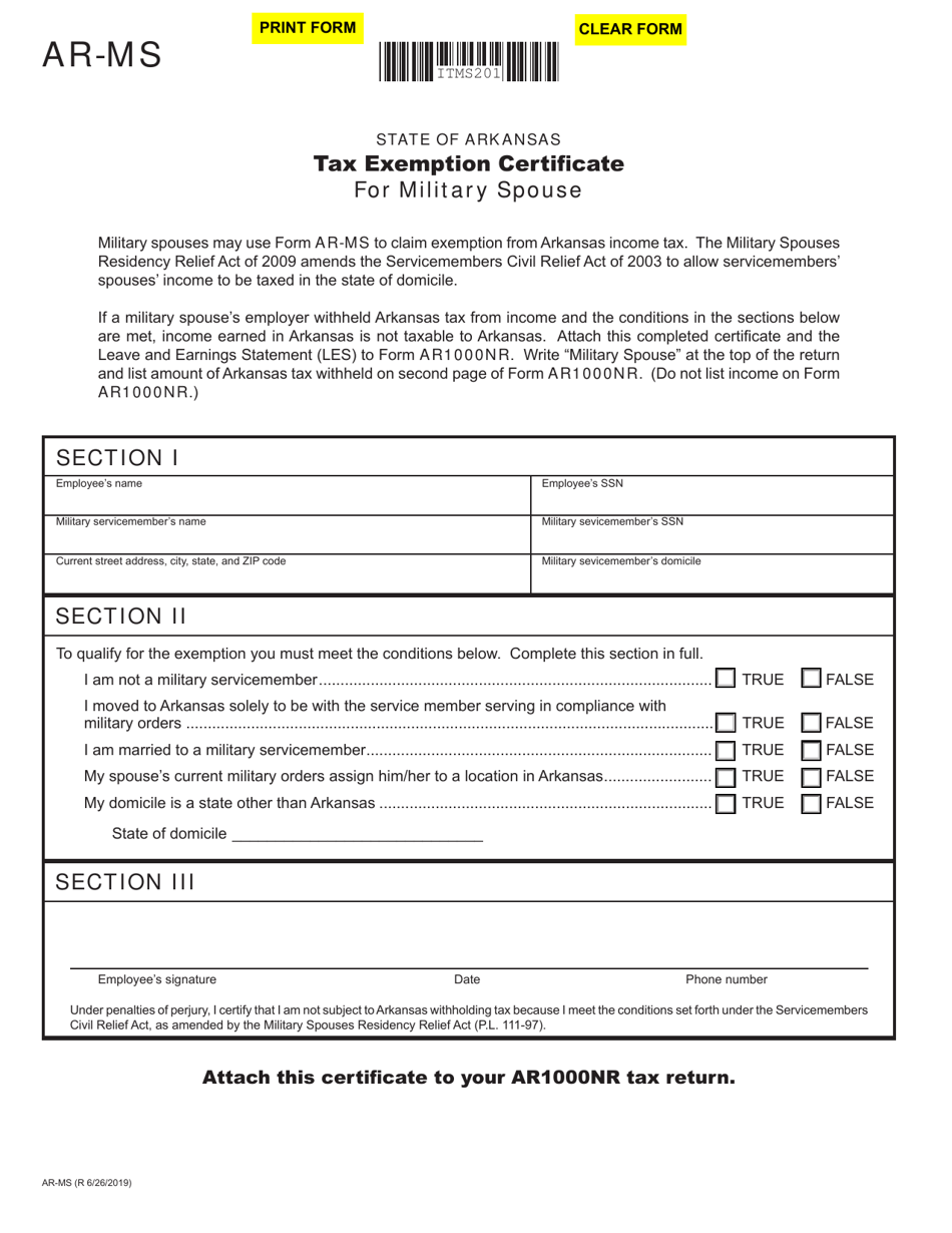 Form Ar Ms Download Fillable Pdf Or Fill Online Tax Exemption Certificate For Military Spouse 5504