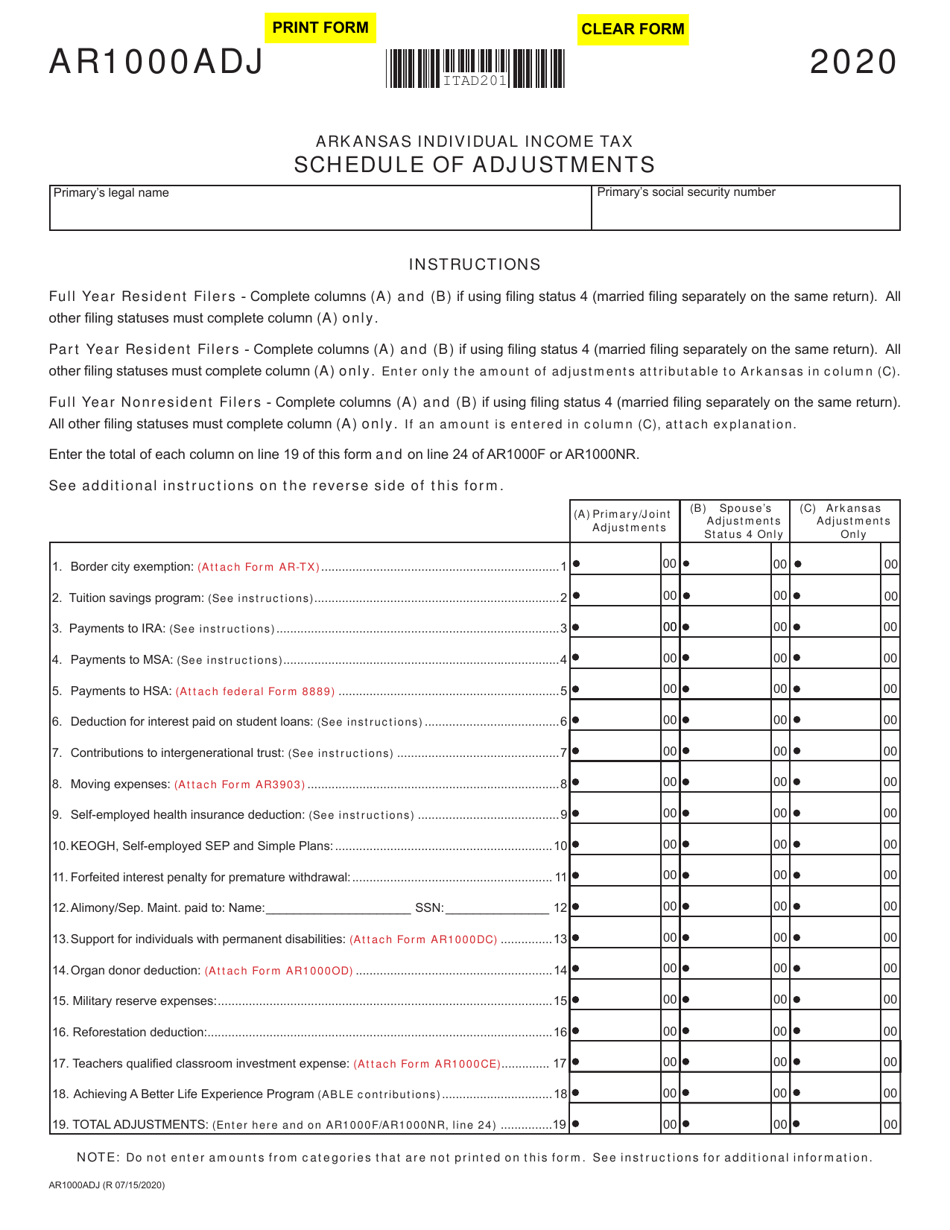 Form AR1000ADJ Schedule of Adjustments - Arkansas, Page 1