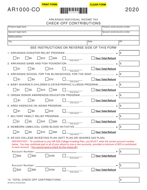 Form AR1000-CO Check-Off Contributions - Arkansas, 2020