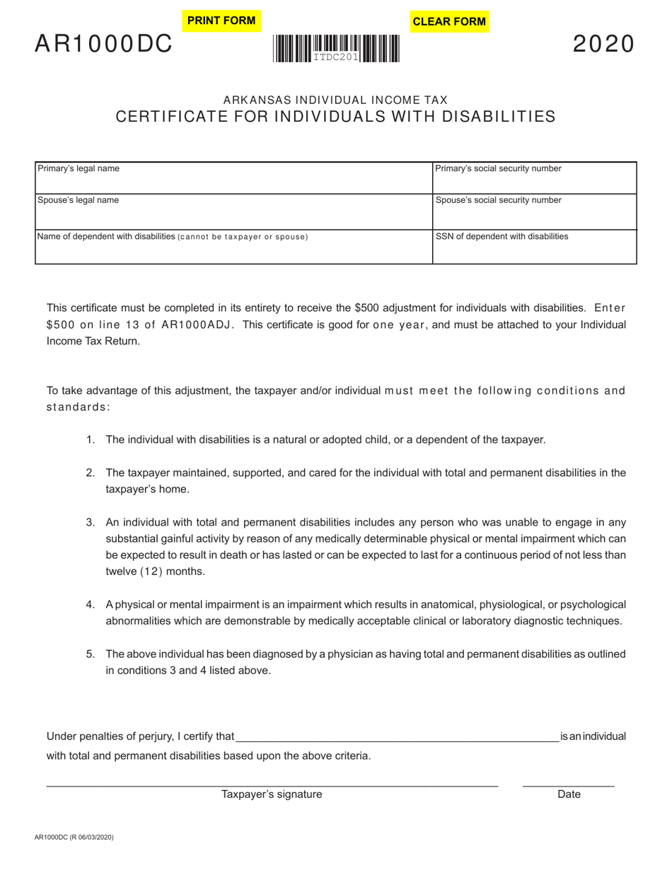 Form AR1000DC Download Fillable PDF or Fill Online Certificate for Individuals With Disabilities