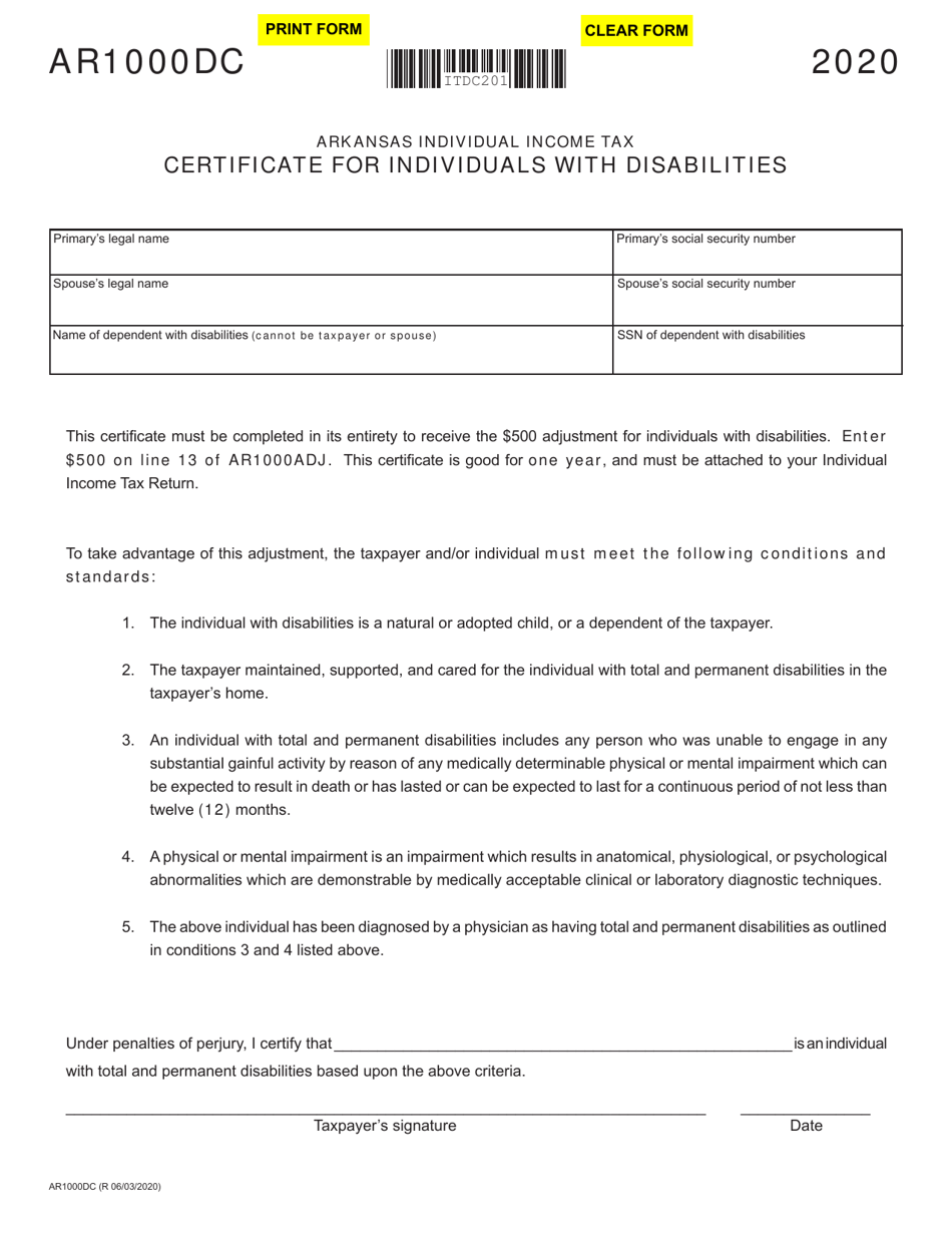 Form AR1000DC Certificate for Individuals With Disabilities - Arkansas, Page 1