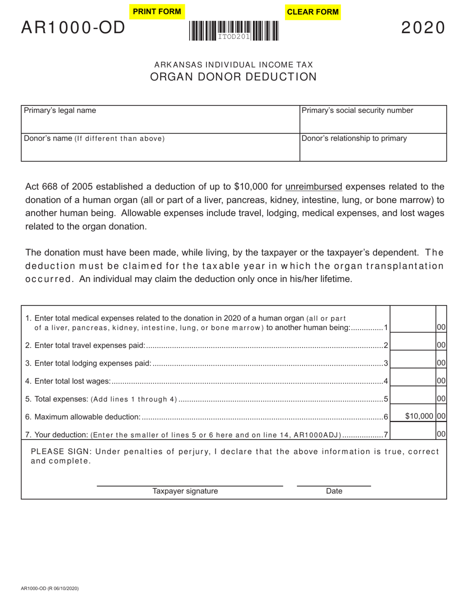 Form Ar1000 Od Download Fillable Pdf Or Fill Online Organ Donor Deduction 2020 Arkansas 3753