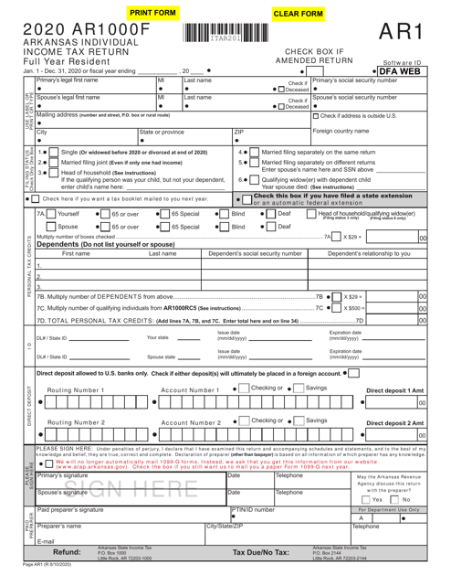 Form AR1000F Arkansas Full Year Resident Individual Income Tax Return - Arkansas, 2020