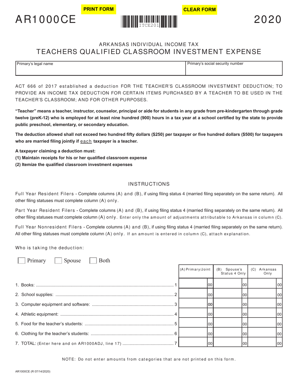 Form AR1000CE Teachers Qualified Classroom Investment Expense - Arkansas, Page 1