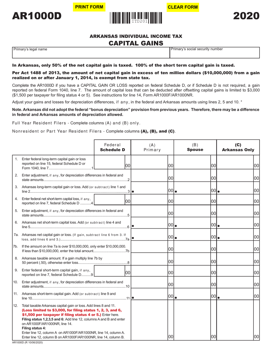 Form Ar1000d Download Fillable Pdf Or Fill Online Capital Gains Arkansas Templateroller